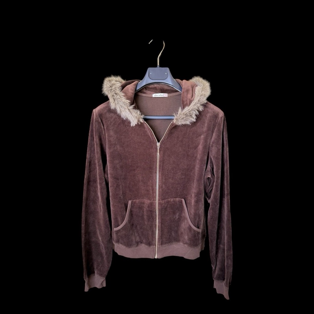 90's Allen Allen Vintage Y2K Velour Zip Up Hoodie XL Fur Outline Hood Babydoll‎